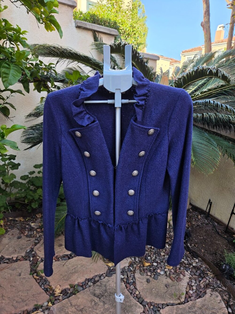 ECI New York Wool Blend Military-Style Ruffle Knit Blazer Jacket